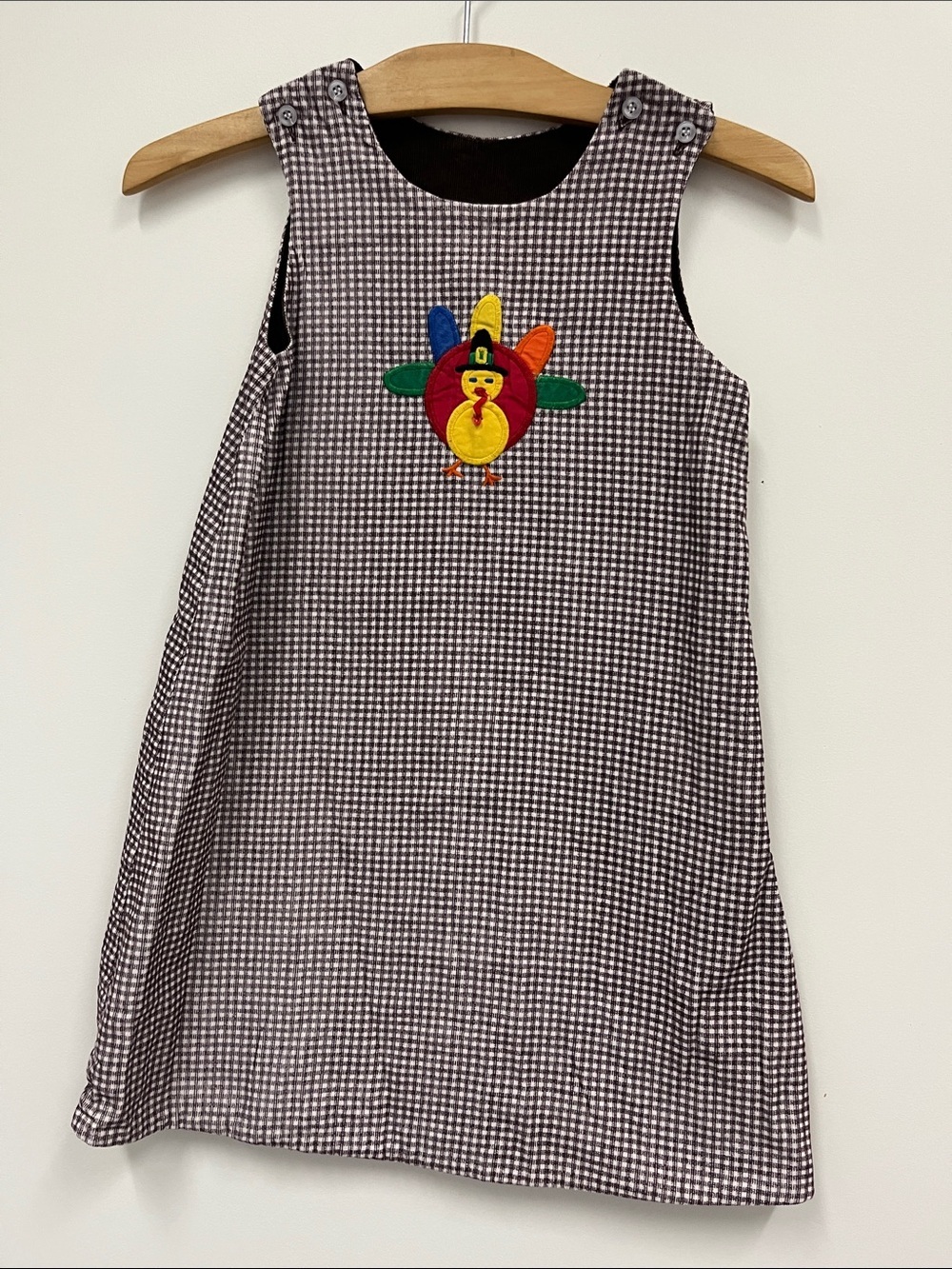 Vintage Girls' Brown Gingham Dress with Turkey Applique